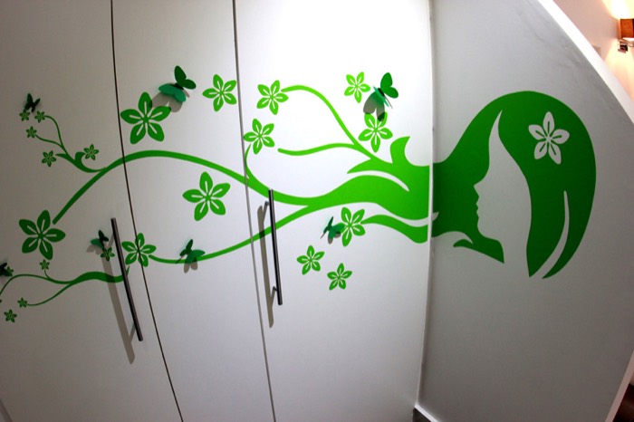 Floral wall graphic in the KD Hair Design salon